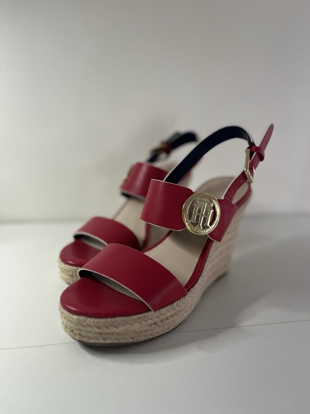 Tommy Hilfiger Women's Red Strappy Logo Wedge Sandals Shoes Size 7.5M Coastal